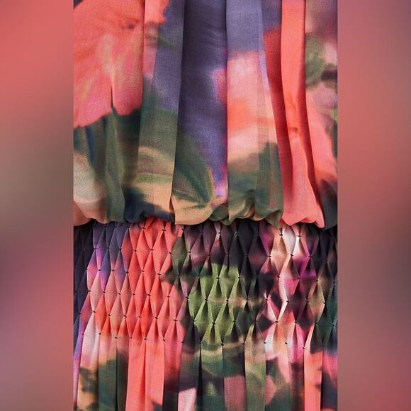 Kay Unger Leilani Hibiscus Print Blouson Maxi $388 Dress in Bright Coral Size 8 - Picture 4 of 8